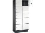 C+P Schliessfachschrank Cambio, 2 Abteile, 10 Fächer, mit Sockel, B 800 x T 525 x H 1980 mm, schwarzgrau/weiss