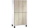 C+P Doppelstöckiger Spind Cambio, 3 Abteile, 6 Fächer, auf Füssen, B 900 x T 525 x H 1980 mm, verkehrsweiss/Sen Esche‑Dekor