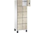 C+P Schliessfachschrank Cambio, 2 Abteile, 10 Fächer, auf Füssen, B 600 x T 525 x H 1980 mm, verkehrsweiss/Sen Esche-Dekor