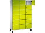 C+P Schliessfachschrank Cambio, 3 Abteile, 18 Fächer, auf Füssen, B 1200 x T 525 x H 1980 mm, lichtgrau/clowngrün