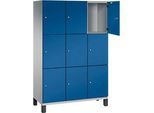 C+P Schliessfachschrank Cambio, 3 Abteile, 9 Fächer, auf Füssen, B 1200 x T 525 x H 1980 mm, weissaluminium/enzianblau