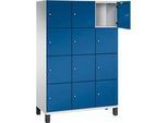 C+P Schliessfachschrank Cambio, 3 Abteile, 12 Fächer, auf Füssen, B 1200 x T 525 x H 1980 mm, lichtgrau/enzianblau