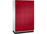 C+P Schliessfachschrank Cambio, 4 Abteile, 20 Fächer, mit Sockel, B 1200 x T 525 x H 1980 mm, lichtgrau/rubinrot