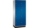 C+P Schliessfachschrank Cambio, 2 Abteile, 8 Fächer, mit Sockel, B 800 x T 525 x H 1980 mm, weissaluminium/enzianblau