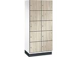 C+P Schliessfachschrank Cambio, 2 Abteile, 10 Fächer, mit Sockel, B 800 x T 525 x H 1980 mm, verkehrsweiss/Sen Esche-Dekor