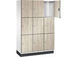 C+P Schliessfachschrank Cambio, 3 Abteile, 9 Fächer, mit Sockel, B 1200 x T 525 x H 1980 mm, verkehrsweiss/Sen Esche-Dekor