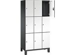 C+P Schliessfachschrank Cambio, 3 Abteile, 9 Fächer, auf Füssen, B 900 x T 525 x H 1980 mm, schwarzgrau/weiss