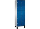 C+P Schliessfachschrank Cambio, 2 Abteile, 10 Fächer, auf Füssen, B 600 x T 525 x H 1980 mm, weissaluminium/enzianblau