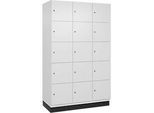 C+P Schliessfachschrank Cambio, 3 Abteile, 15 Fächer, mit Sockel, B 1200 x T 525 x H 1980 mm, verkehrsweiss