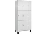 C+P Schliessfachschrank Cambio, 3 Abteile, 9 Fächer, auf Füssen, B 900 x T 525 x H 1980 mm, verkehrsweiss
