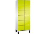 C+P Schliessfachschrank Cambio, 2 Abteile, 12 Fächer, auf Füssen, B 800 x T 525 x H 1980 mm, lichtgrau/clowngrün