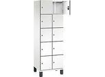 C+P Schliessfachschrank Cambio, 2 Abteile, 10 Fächer, auf Füssen, B 600 x T 525 x H 1980 mm, verkehrsweiss/weiss