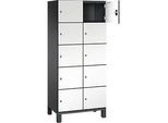 C+P Schliessfachschrank Cambio, 2 Abteile, 10 Fächer, auf Füssen, B 800 x T 525 x H 1980 mm, schwarzgrau/weiss
