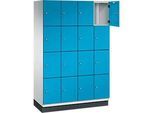 C+P Schliessfachschrank Cambio, 4 Abteile, 16 Fächer, mit Sockel, B 1200 x T 525 x H 1980 mm, lichtgrau/lichtblau