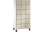 C+P Schliessfachschrank Cambio, 3 Abteile, 18 Fächer, auf Füssen, B 900 x T 525 x H 1980 mm, verkehrsweiss/Sen Esche‑Dekor