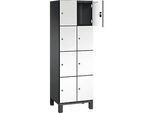 C+P Schliessfachschrank Cambio, 2 Abteile, 8 Fächer, auf Füssen, B 600 x T 525 x H 1980 mm, schwarzgrau/weiss