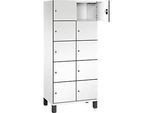 C+P Schliessfachschrank Cambio, 2 Abteile, 10 Fächer, auf Füssen, B 800 x T 525 x H 1980 mm, verkehrsweiss/weiss
