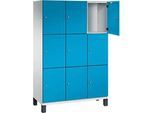 C+P Schliessfachschrank Cambio, 3 Abteile, 9 Fächer, auf Füssen, B 1200 x T 525 x H 1980 mm, lichtgrau/lichtblau