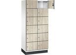 C+P Schliessfachschrank Cambio, 2 Abteile, 12 Fächer, mit Sockel, B 800 x T 525 x H 1980 mm, verkehrsweiss/Sen Esche‑Dekor