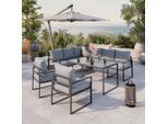 Beldano , Anthrazit , Metall, Glas, Textil , Füllung: Polyester,Polyester , L-Form , 176.5x239 cm , Bsci , UV-beständig, wetterbeständig, Tisch mit Glasplatte , Gartenmöbel, Loungemöbel, Loungegarnituren