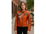 Dames oranje Biker Racing Badges leren jack - Eastleigh