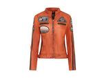 Dames oranje leren bikerjack met racebadges - Agadir