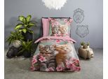 Kinderbettwäsche GOOD MORNING "Mischa", rosa, B/L: 135cm x 200cm, 1 Stk., 1 Stk., Renforcé, B/L: 80cm x 80cm, 2, Renforcé, Obermaterial: 100% Baumwolle, Bettwäsche, Baumwolle, Renforcé, Wendeoptik, Kind, Mädchen, Katze, Blume