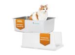Lucky-Kitty Katzentoilette XXL (Edelstahl Weiß) + Haube (Weiß transparent)