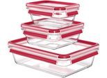 Frischhaltedose EMSA "Clip & Close Glas", rot (rot, transparent), Lebensmittelaufbewahrungsbehälter, Frischhaltedose, 0,45/0,8/2L, gefrier-, backofen-, mikrowellen- und spülmaschinenfest
