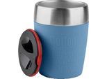 Thermobecher EMSA "Travel Cup", blau, B:8,7cm H:11,2cm, Edelstahl, Silikon, Trinkgefäße, Thermobecher, 0,2 Liter, Edelstahl, Trink- und Eisbecher, gummierte Manschette