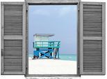 Wandtattoo QUEENCE "Strandhäuschen", blau, B:80cm H:60cm T:0,1cm, Wandtattoos, Wandtattoo, Wandsticker, Wandbild, selbstklebend, 3D, Fenster