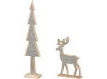 Weihnachtsfigur CREATIV HOME "Tannenbaum und Hirsch", silber, B:14,5cm H:69cm T:7cm, Dekofiguren, Weihnachtsfigur, mit Glitter