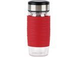 Thermobecher EMSA "Tea Mug", rot (rot, edelstahlfarben, transparent), B:8,2cm H:19,5cm Ø:8,2cm, Edelstahl, Glas, Silikon, Trinkgefäße, Thermobecher, Teebecher, 400 ml, 100% dicht, 3-teilig, mit herausnehmbarem Tee-Sieb
