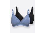 Bügelloser BH WÄSCHEPUR, Damen, Gr. 75, Cup D, blau (schwarz, jeansblau), 68% Baumwolle, 24% Polyamid, 8% Elasthan, Spitze:10% Elasthan, 90% Polyamid, BHs