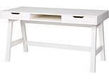 Schreibtisch WOOOD "Nikki aus Kiefernholz lackiert, zwei Schubladen 140x62x75 cm", weiß, B:140cm H:75cm T:62cm, Tische, Schreibtisch, Schubladen mit Metallführung, offenes Mittelfach, gebürstet Oberfläche