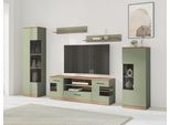 Wohnwand OTTO HOME "Ribe: 5‑teilig, Oberplatte aus Massivholz, viel Stauraum, Trendfarbe", grün (salbei, eiche), Holzwerkstoff, Massivholz, Kastenmöbel-Sets, Wohnwand, Breite: 260cm, Glaseinsatz aus gehärtetem Glas, variable Einlegeboden