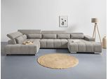 Wohnlandschaft COTTA "Orion U-Form, B: 409 cm", grau (elephant), B:409cm H:73cm T:225cm, 100% Polyester, Sofas, Wohnlandschaft, mit Kopfteilverstellung & 6 Nierenkissen