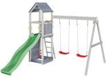 Spielturm FUNGOO "FLAPPI", grau (grün), Spieltürme, KinderB:370cm H:272cm T:303cm, FSC-zertifizierter Massivholz, Metall, Polyethylen, mit Rutsche, Doppelschaukel, Kletterwand, Teleskop, Lenkrad, B:370cm H:272cm T:303cm