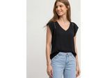 Shirtbluse STREET ONE, Damen, Gr. 44, schwarz, Stoff, 100% Viskose, unifarben, normal normal, V-Ausschnitt, Rüschen, Blusen, aus softer Viskose