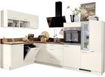 Küchenzeile KOCHSTATION "KS-Scafa, mit höhenverstellbaren Füßen", beige (küche: natur, korpus: magnoliafarben, arbeitsplatte: walnuss braun nachbildung), B:305cm T:60cm, Komplettküchen-Sets, Küchenzeile, vormontiert, wahlweise mit E-Geräten, Stellbreite 305 x 185 cm