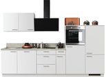 Küchenzeile KOCHSTATION "KS-Scafa, mit höhenverstellbaren Füßen", weiß (küche: weiß, korpus: weiß, arbeitsplatte: zementfarben hell), B:320cm T:60cm, Komplettküchen-Sets, Küchenzeile, vormontiert, wahlweise mit E-Geräten, mit Soft-Close, Breite 320 cm