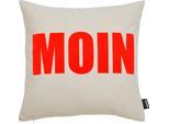 Dekokissen DONE. "MOIN", beige, neon orange, schriftzug, B:45cm L:45cm, Polyester, Dekokissen_Sitzkissen_Kissenhüllen, Extra weiche Haptik