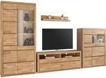 Wohnwand OTTO HOME "Silkeborg: 4-teilig, Breite: 320cm, Griffmulden, Fronten Massivholz", braun (eiche teilmassiv), Holzwerkstoff eichefarben (Korpus) / Massivholz Eiche (Front), Holz teilmassiv, Kastenmöbel-Sets, Wohnwand, Set besteht aus 1 Vitrine, 1 Lowboard, 1 Sideboard und 1 Wandregal