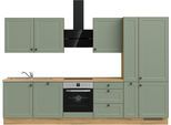 Küchenzeile NOBILIA "Cascada II", NEU: individuell anpassbar mit gratis Profi-Beratung", grün (küche: grün, korpus: lacklaminat schilffarben, arbeitsplatte: eiche sierra nachbildung), B:330,3cm H:216,6cm T:60cm, Komplettküchen-Sets, Küchenzeile, vormontiert, Breite 330 cm, Ausrichtung wählbar, wahlw. mit E-Geräten