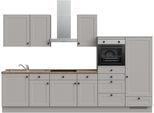 Küchenzeile NOBILIA "Cascada I", NEU: individuell anpassbar mit gratis Profi-Beratung", grau (küche: grau, korpus: lacklaminat steingraufarben, arbeitsplatte: eiche havanna nachbildung), B:330,3cm H:216,6cm T:60cm, Komplettküchen-Sets, Küchenzeile, vormontiert, Breite 330 cm, Ausrichtung wählbar, wahlw. mit E-Geräten