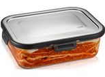 Lunchbox GEFU "MILO", silber (transparent, silberfarben, schwarz), B:17,6cm H:7,5cm L:23,2cm, Borosilikatglas, Edelstahl, Kunststoff, Lebensmittelaufbewahrungsbehälter, Lunchbox, gelaserter QR Code zur Vorratskontrolle per App (nur für Android)