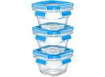 Frischhaltedose EMSA "N10507 Clip & Close Glas", blau, B:10,6cm H:6,9cm L:10,6cm, Glas, Kunststoff, Lebensmittelaufbewahrungsbehälter, Frischhaltedose, 3 x 0,18L, gefrierfest, backofenfest, mikrowellenfest, 100% dicht