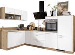 Küchenzeile KOCHSTATION "KS-Scafa, mit höhenverstellbaren Füßen", weiß (küche: weiß, korpus: asteiche nachbildung, arbeitsplatte: asteiche nachbildung), B:305cm T:60cm, Komplettküchen-Sets, Küchenzeile, vormontiert, wahlweise mit E-Geräten, Stellbreite 305 x 185 cm