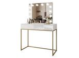 SCHMINKTISCH BLANCO GOLD ELITE mit Spiegel und Beleuchtung Weiß Hochglanz PUSH OPEN