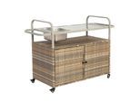 OUTDOOR-BARWAGEN 131 cm Beige Stahl & Rattan – Servierwagen mit Eisbehälter, Schrank & Lenkrollen